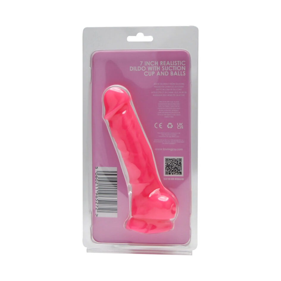 n12027 loving joy 7 inch realistic silicone dildo with suction cup and balls pink new pkg bk
