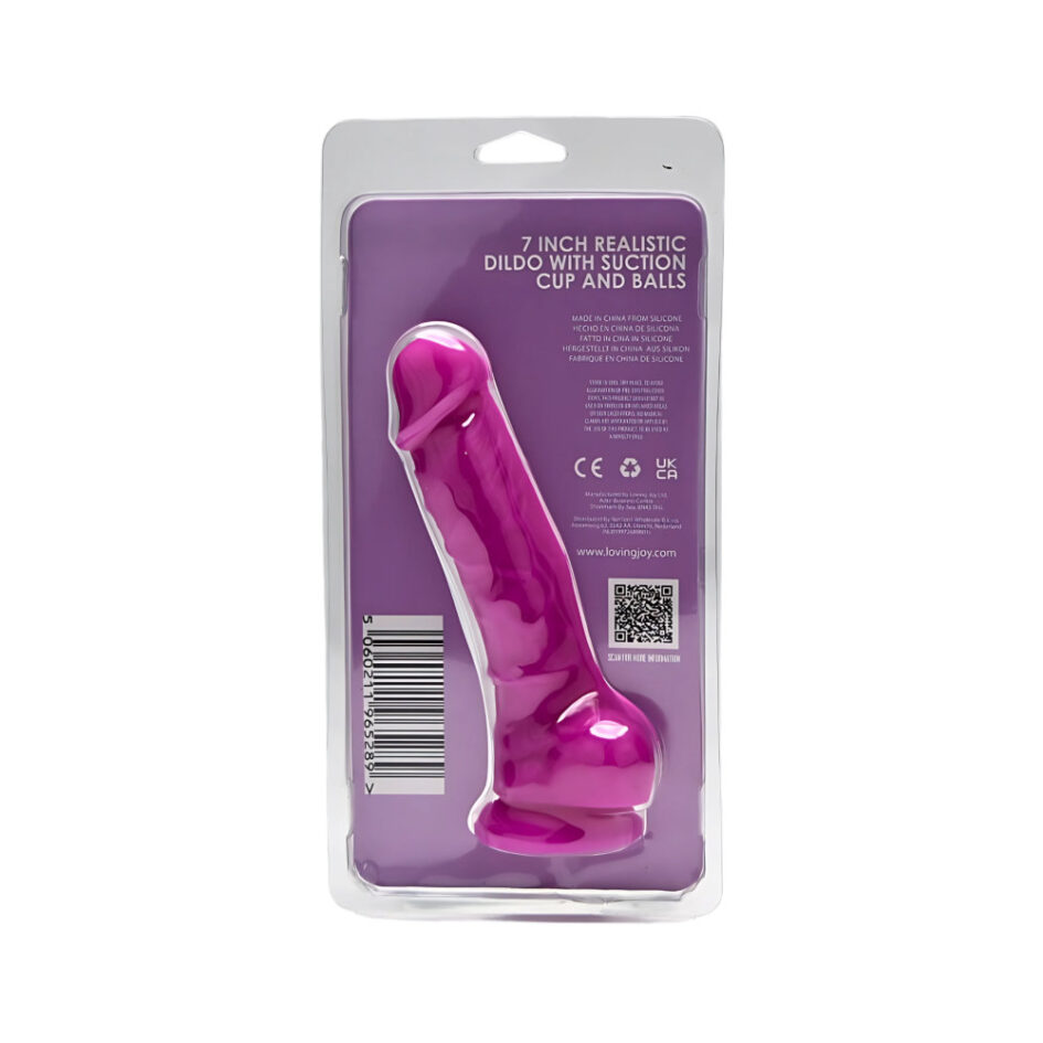 n12028 loving joy 7 inch realistic silicone dildo with suction cup and balls purple new pkg bk